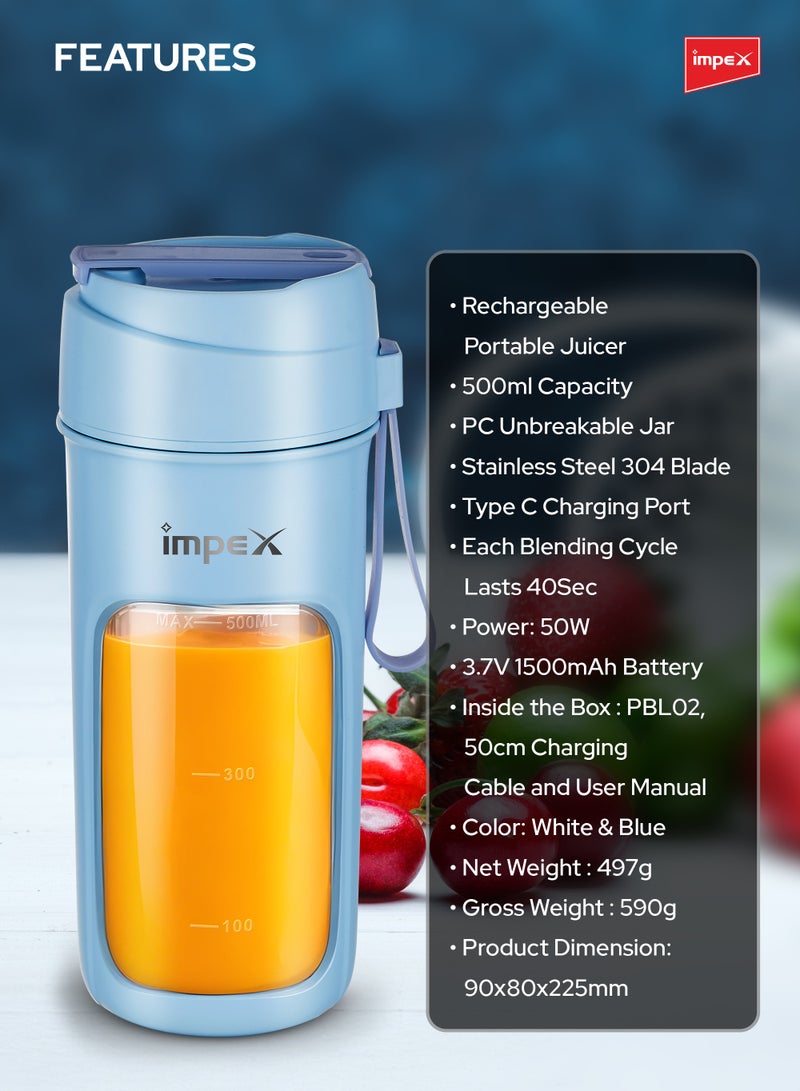 Impex - Portable Blender, Type C Rechargeable Personal Size Juicer Blender, PC Unbreakable Jar, For Mixer for Fruits, Smoothies & Shakes And Crushing Ice 500 ml 50 W PBL 02 Blue - Image 1