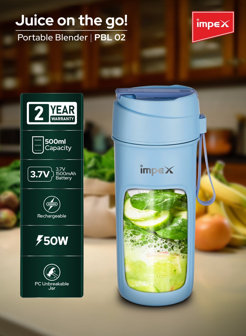 Impex - Portable Blender, Type C Rechargeable Personal Size Juicer Blender, PC Unbreakable Jar, For Mixer for Fruits, Smoothies & Shakes And Crushing Ice 500 ml 50 W PBL 02 Blue - Image 1