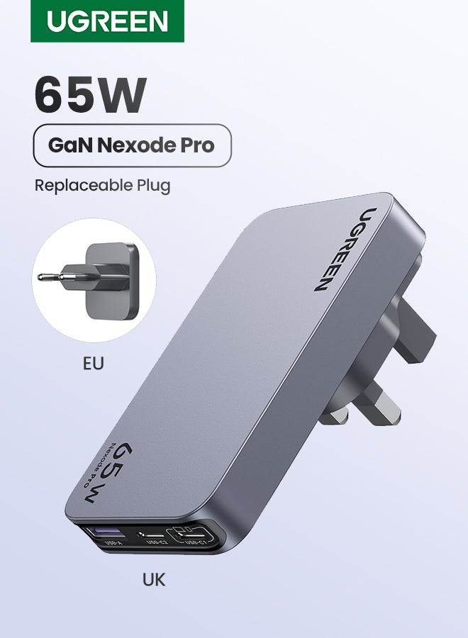 Ugreen Nexode Pro 65W Charger Type C  2C1A Wall Adapter With Replaceable Plug(UK+EU Plug) Slim Design Compatible With iPhone 16 15 Pro Max Galaxy S24 23 Ultra Z Flip 6 5 Macbook Air iPad Pro Mini Xiaomi Vivo Grey  - Image 1