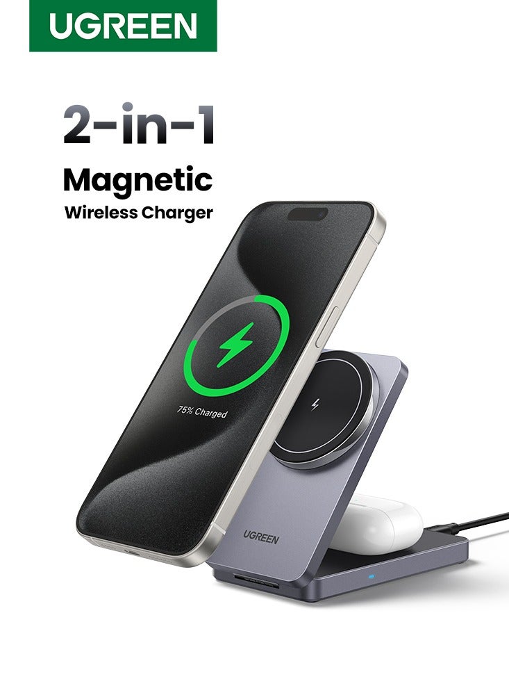 Ugreen MagFlow Wireless Charger 7.5 W Fast Qi-Certified 2 IN 1 Foldable AirPods Wireless Charging Station  iPhone MagSafe Charger Holder Compatible With iPhone 16 15 14 13 12 Pro Max Airpods 4 3 Pro Grey 