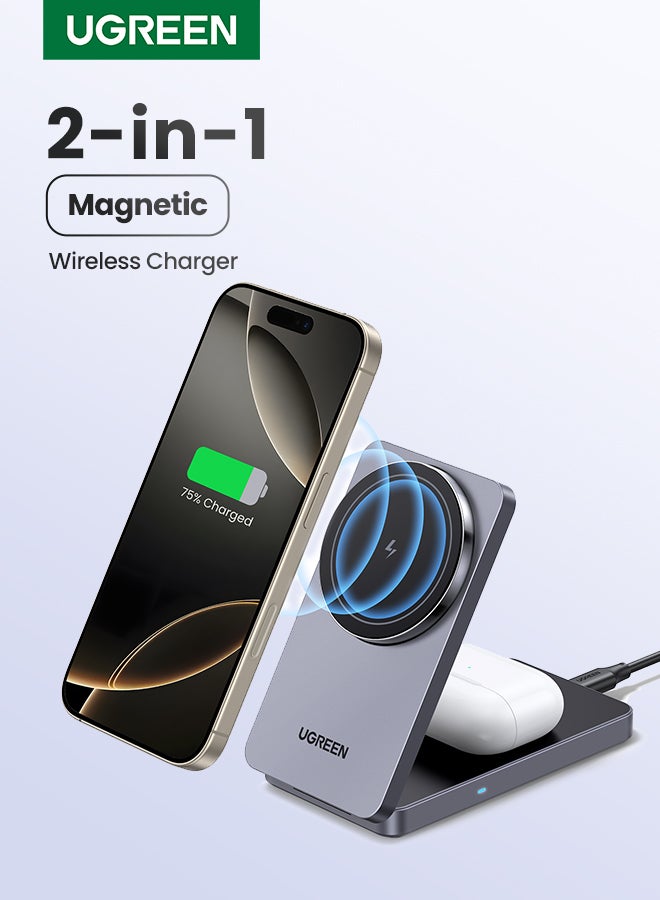 Ugreen MagFlow Wireless Charger 7.5 W Fast Qi-Certified 2 IN 1 Foldable AirPods Wireless Charging Station  iPhone MagSafe Charger Holder Compatible With iPhone 16 15 14 13 12 Pro Max Airpods 4 3 Pro Grey  - Image 1