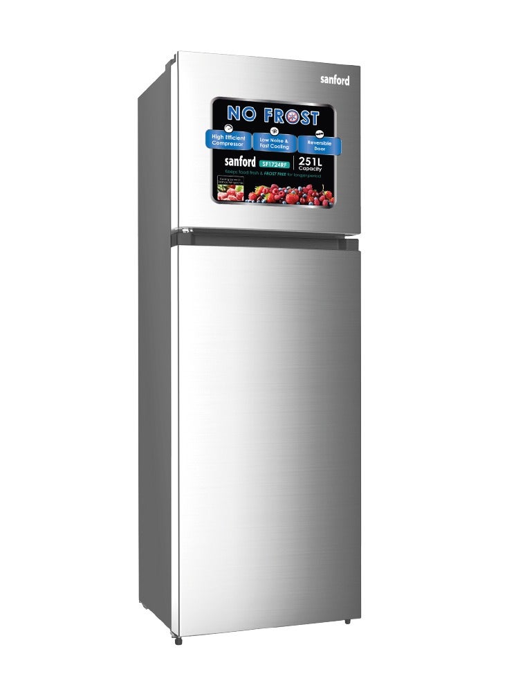 Sanford No Frost Refrigerator with Adjustable Legs, Easy Rolling Wheels, LED Light, High-Efficiency Compressor, Low Noise, Fast Cooling, Reversible Door, Inner LED Light, , CFC Free, 251L SF1724RF BS Silver - Image 1