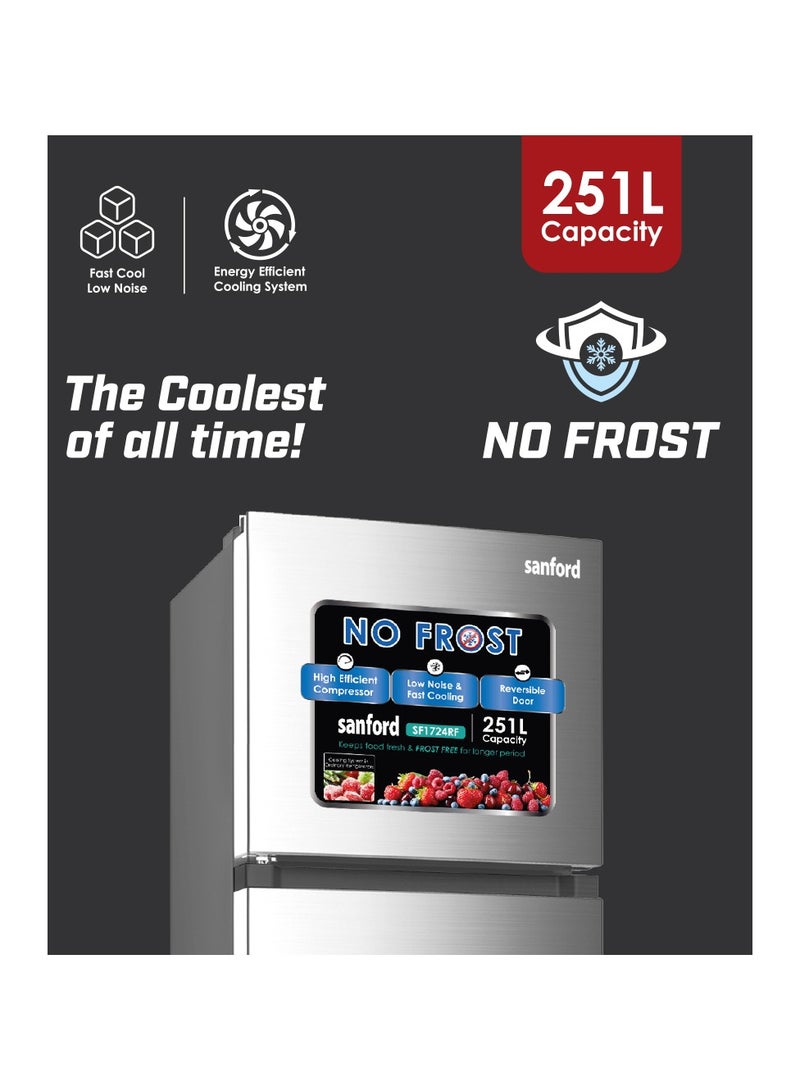 Sanford No Frost Refrigerator with Adjustable Legs, Easy Rolling Wheels, LED Light, High-Efficiency Compressor, Low Noise, Fast Cooling, Reversible Door, Inner LED Light, , CFC Free, 251L SF1724RF BS Silver - Image 4