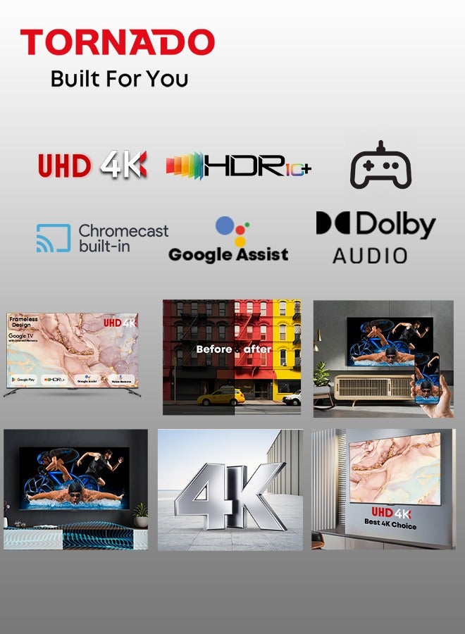 TORNADO - 65 Inch 4K ULTRA HD Smart TV, Google TV with Hands Free Voice Control, Dolby Vision Atmos, HDR 10+, Game Mode, 120 HZ, Wide Colour Gamut, DTS HD, Google TV Android, (2024) - 65UA3400E/65UA3400G Black - Image 1