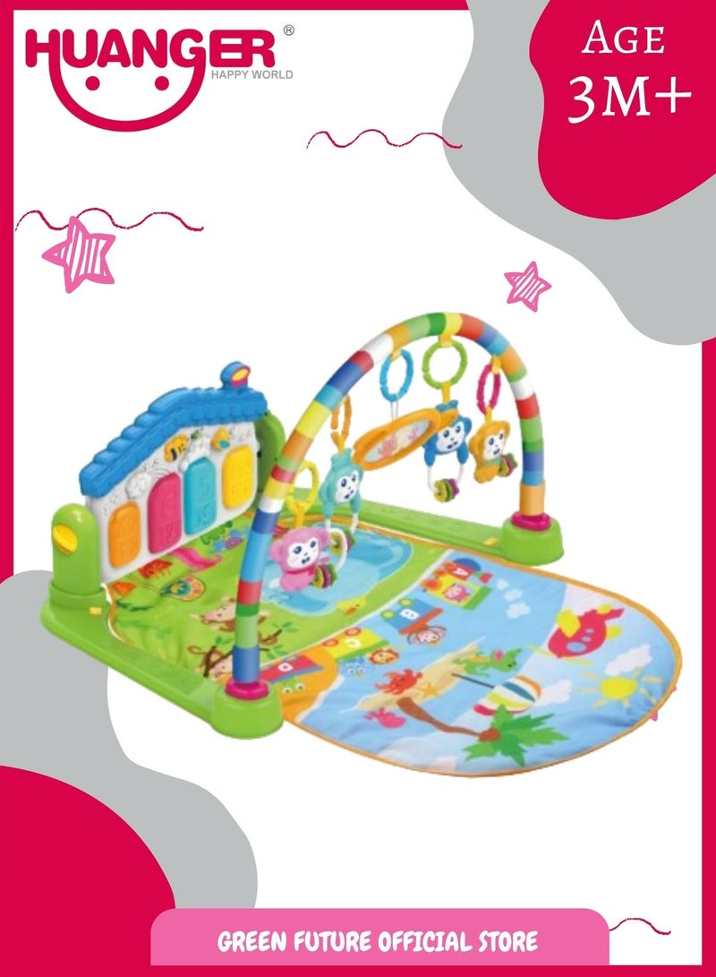 HUANGER Baby Playmat w/ Piano Music, 2 in 1 Hanging Toys and Mat for Newborns and Infants, Soft Playmat for Early Learning, Blue  - Image 1
