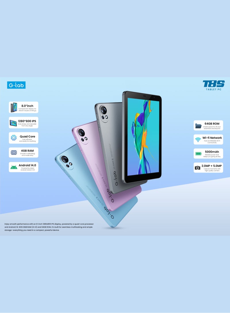 جي تاب تابلت واي فاي T8S / 8.0 بوصة IPS / أندرويد 14 / معالج رباعي النواة بتردد 2.0 جيجاهرتز / بطارية 5000 مللي أمبير / ذاكرة وصول عشوائي مدمجة 4 جيجابايت / ذاكرة وصول عشوائي قابلة للتوسيع + 4 جيجابايت / ذاكرة داخلية 64 جيجابايت / كاميرا أمامية 2 ميجابكسل + كاميرا خلفية 5 ميجابكسل - Image 2