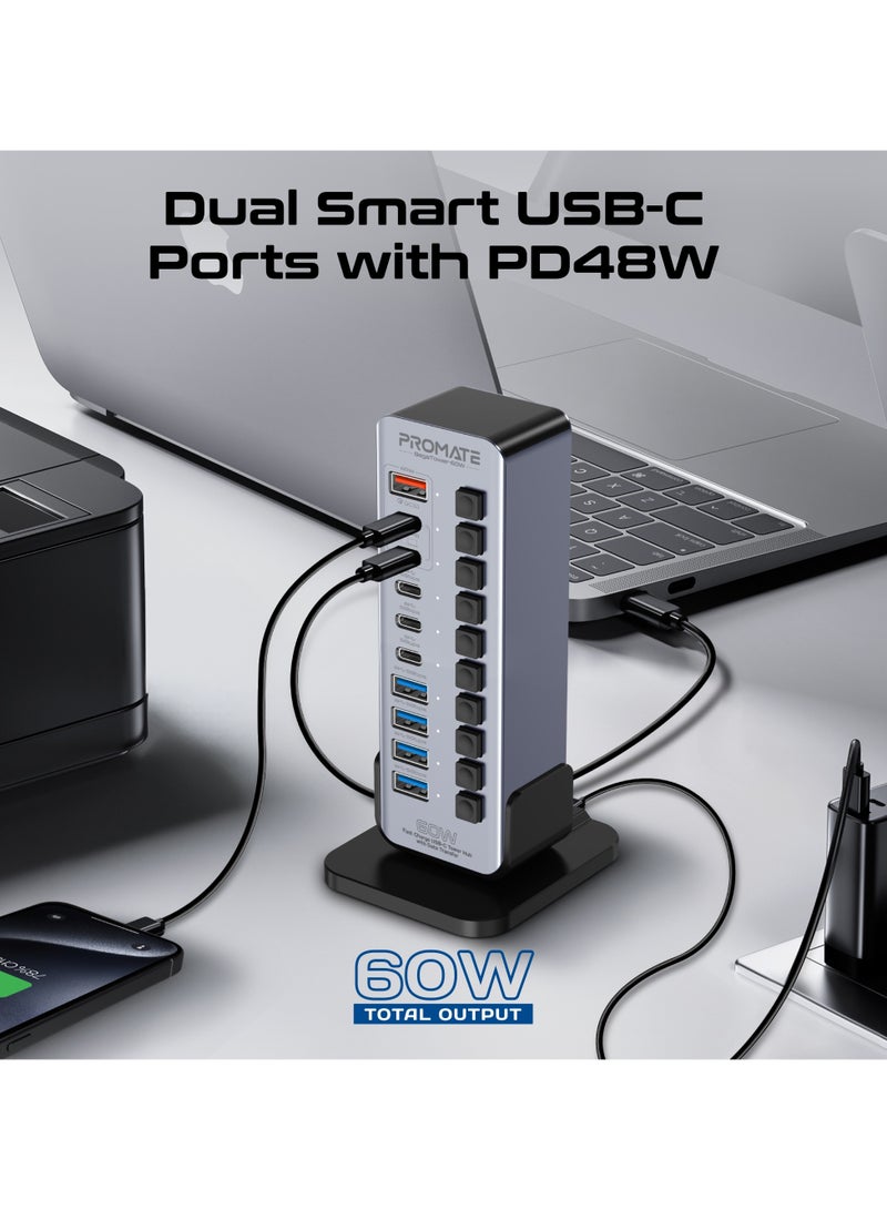 بروميت Promate 14-In-1 Multiport 60W USB-C Tower Hub, with (3) 5Gbps USB-C™ Ports, 4 USB-A™ Ports, 2 Fast Charging upto 45W USB-C Ports, Individual On/Off Switches , Plug and Play Grey - Image 1