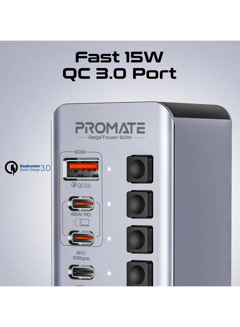 بروميت Promate 14-In-1 Multiport 60W USB-C Tower Hub, with (3) 5Gbps USB-C™ Ports, 4 USB-A™ Ports, 2 Fast Charging upto 45W USB-C Ports, Individual On/Off Switches , Plug and Play Grey - Image 4