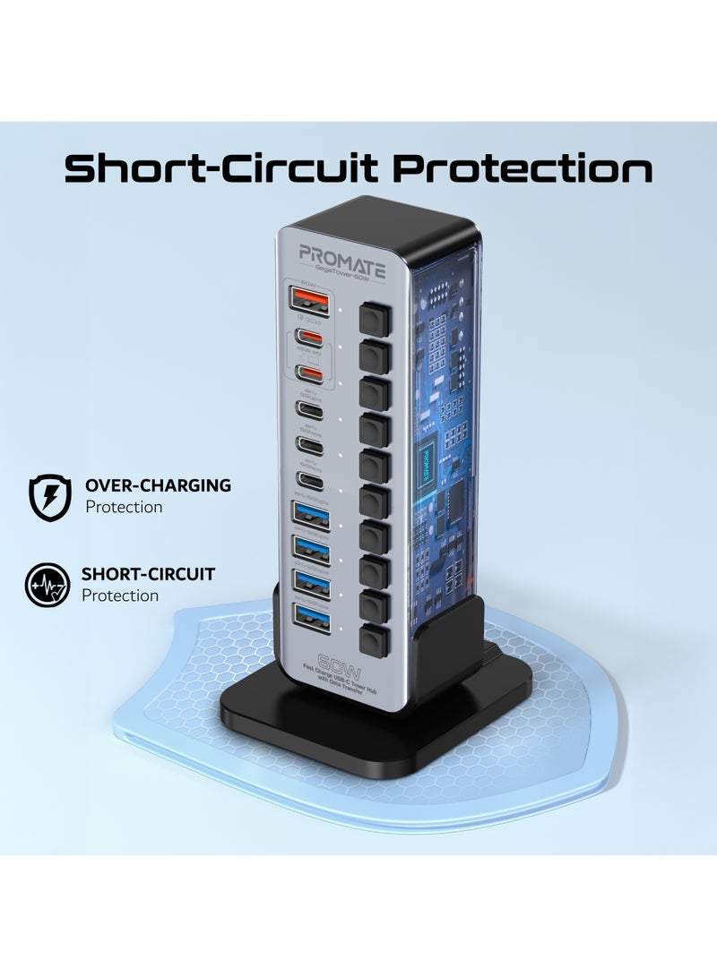بروميت Promate 14-In-1 Multiport 60W USB-C Tower Hub, with (3) 5Gbps USB-C™ Ports, 4 USB-A™ Ports, 2 Fast Charging upto 45W USB-C Ports, Individual On/Off Switches , Plug and Play Grey - Image 5