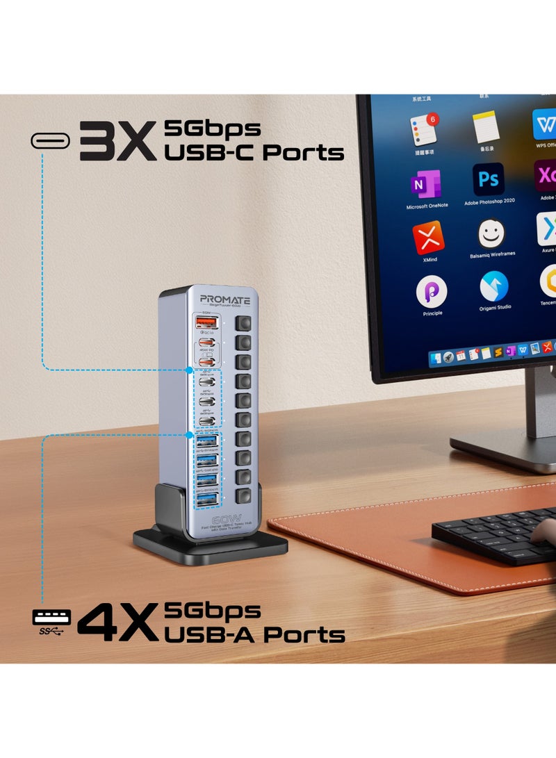بروميت Promate 14-In-1 Multiport 60W USB-C Tower Hub, with (3) 5Gbps USB-C™ Ports, 4 USB-A™ Ports, 2 Fast Charging upto 45W USB-C Ports, Individual On/Off Switches , Plug and Play Grey - Image 2