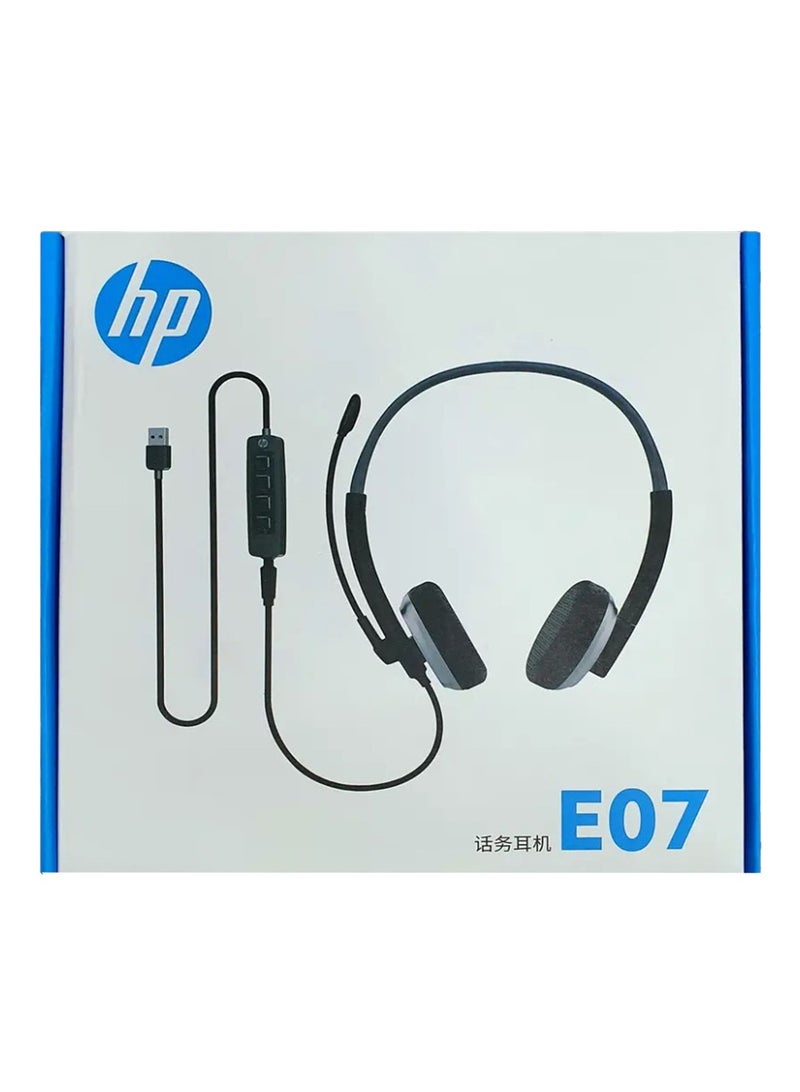 HP - E07 headphones ergonomic design, featuring a lightweight construction with an adjustable headband and padded earpads, deliver high-quality sound with clear sound, it offers features like noise cancellation and a built-in microphone, enhancing the overall listening experience, BLACK - Image 1