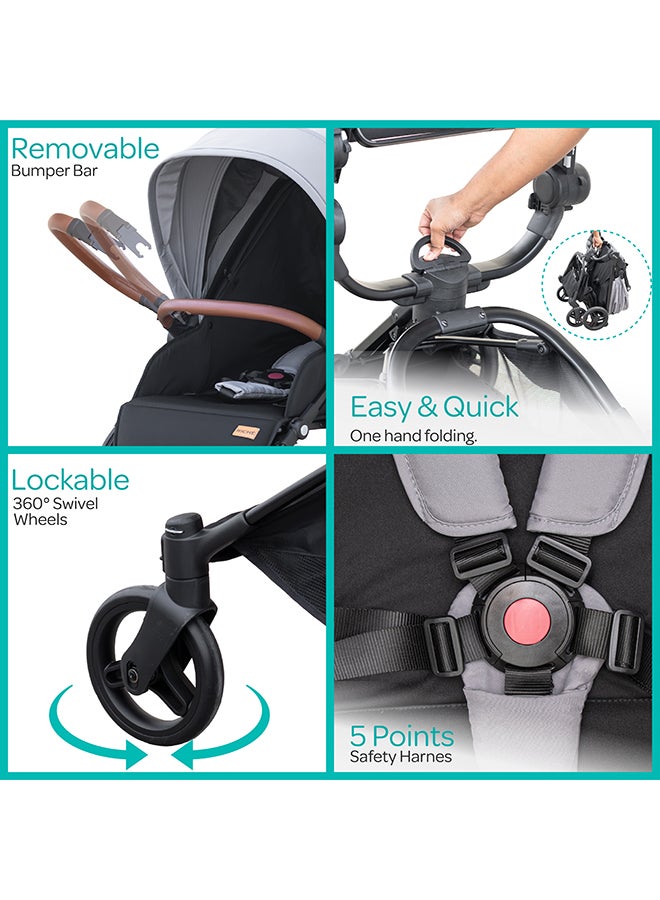 Moon Riche Advanced Baby Stroller With 360° Rotating Handle - Black/Grey - Image 5