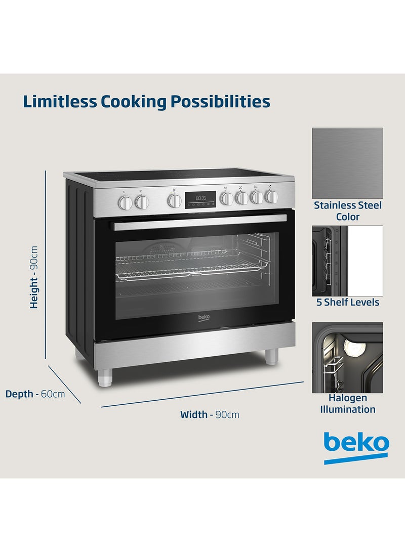 Beko 90X60cm Freestanding Ceramic Electric Cooker, 5 Cooking Zones(1 Expandable), 8 Cooking Multifunction Oven, 111 liters Oven Capacity, A+ Energy Rating, LED Touch Display Timer, SteamShine Cleaning Oven, Halogen Illumination BGM 30203 EX Stainless Steel  - Image 5