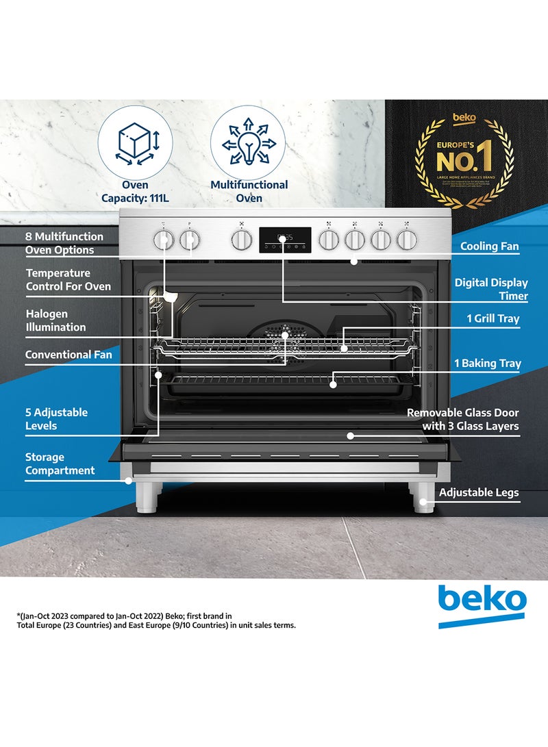 Beko 90X60cm Freestanding Ceramic Electric Cooker, 5 Cooking Zones(1 Expandable), 8 Cooking Multifunction Oven, 111 liters Oven Capacity, A+ Energy Rating, LED Touch Display Timer, SteamShine Cleaning Oven, Halogen Illumination BGM 30203 EX Stainless Steel  - Image 2