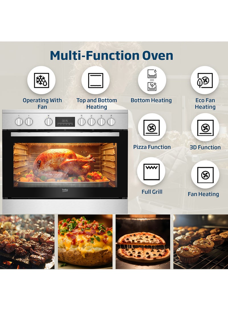 Beko 90X60cm Freestanding Ceramic Electric Cooker, 5 Cooking Zones(1 Expandable), 8 Cooking Multifunction Oven, 111 liters Oven Capacity, A+ Energy Rating, LED Touch Display Timer, SteamShine Cleaning Oven, Halogen Illumination BGM 30203 EX Stainless Steel  - Image 4