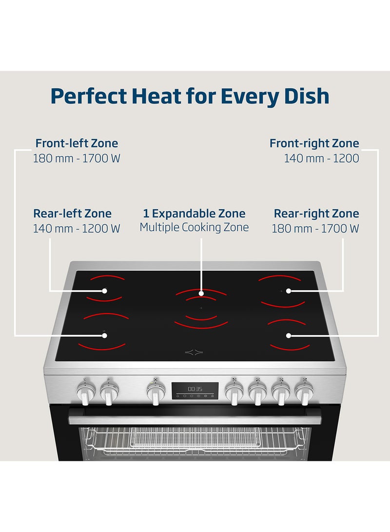 Beko 90X60cm Freestanding Ceramic Electric Cooker, 5 Cooking Zones(1 Expandable), 8 Cooking Multifunction Oven, 111 liters Oven Capacity, A+ Energy Rating, LED Touch Display Timer, SteamShine Cleaning Oven, Halogen Illumination BGM 30203 EX Stainless Steel  - Image 3