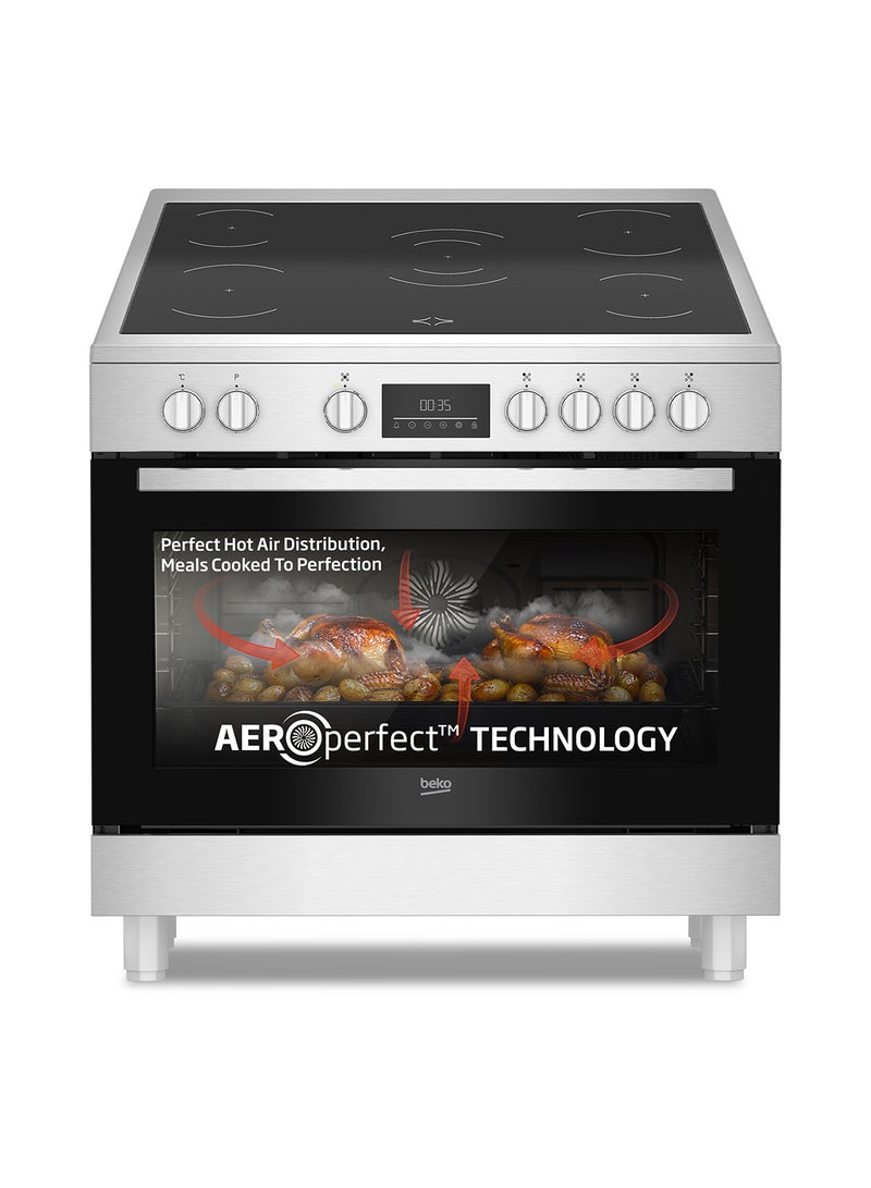 Beko 90X60cm Freestanding Ceramic Electric Cooker, 5 Cooking Zones(1 Expandable), 8 Cooking Multifunction Oven, 111 liters Oven Capacity, A+ Energy Rating, LED Touch Display Timer, SteamShine Cleaning Oven, Halogen Illumination BGM 30203 EX Stainless Steel  - Image 1
