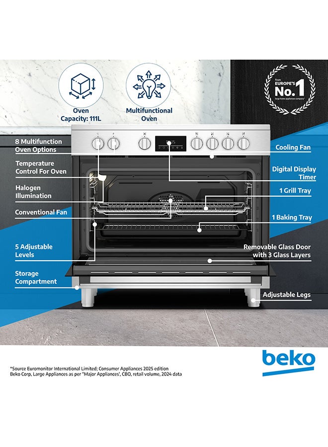 Beko 90X60cm Freestanding Ceramic Electric Cooker, 5 Cooking Zones(1 Expandable), 8 Cooking Multifunction Oven, 111 liters Oven Capacity, A+ Energy Rating, LED Touch Display Timer, SteamShine Cleaning Oven, Halogen Illumination BGM 30203 EX Stainless Steel  - Image 2