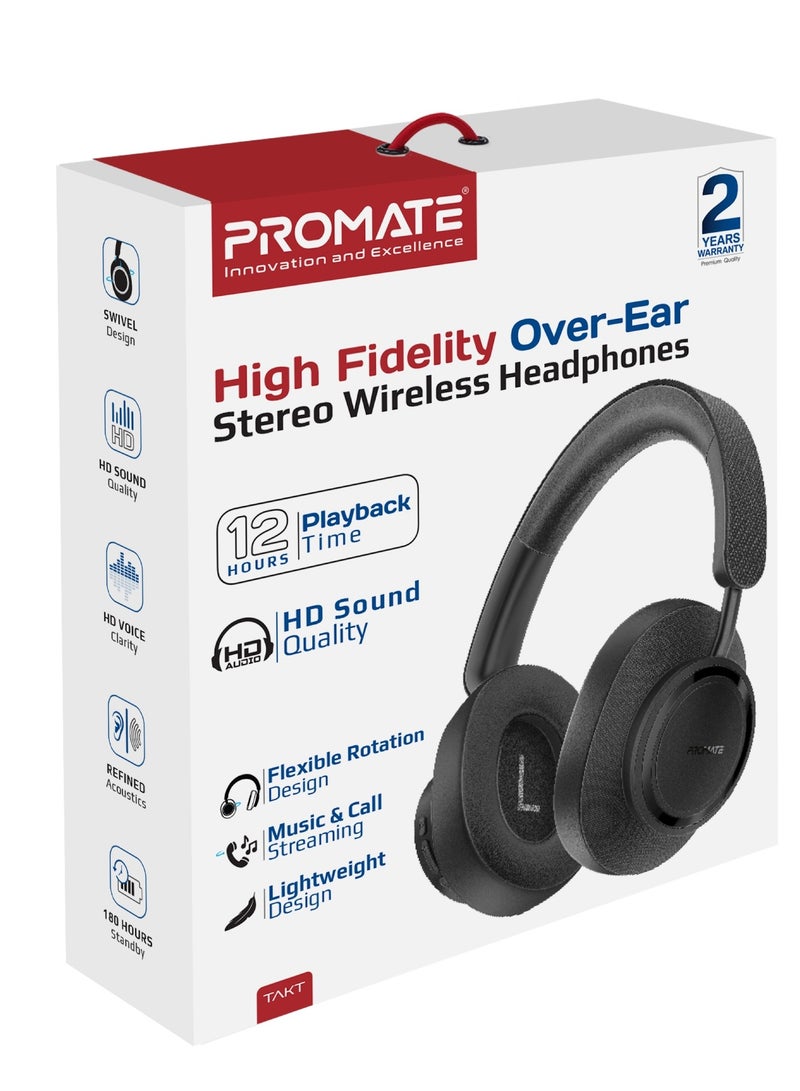 PROMATE - Promate Wireless stereo headphones with high sound, 12 hours play time with 400mAh Battary ,10m Operating distance, Comfortable ear cushions, Adjustable head strap & Foldable design Black - Image 1