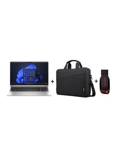 ProBook 400 455 G10 Laptop With 15.6-Inch Display, AMD Ryzen Ryzen 5-7530U, Processor/8GB RAM/512GB SSD/AMD Radeon Graphics/ Windows 11 PRO Casual Toploader Laptop Bag 15.6 inch Black + Sandisk 16GB Cruzer Blade USB 2.0 Flash Drive English/Arabic Silver