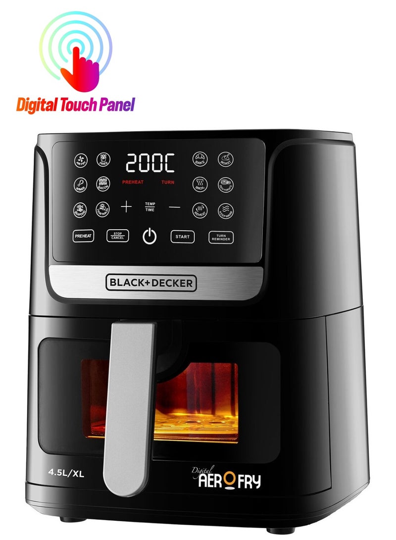 بلاك اند ديكر مقلاة هوائية، سعة 4.5 لتر مع لوحة لمس LED، 12 برنامجًا محددًا مسبقًا، درجة حرارة قابلة للتعديل 80-200 درجة مئوية، مؤقت، تسخين مسبق، إعادة تسخين، الحفاظ على الدفء، تجفيف، إيقاف التشغيل التلقائي، آمنة للغسل في غسالة الأطباق. 4.5 L 1500 W AF4500-B5 - Image 1