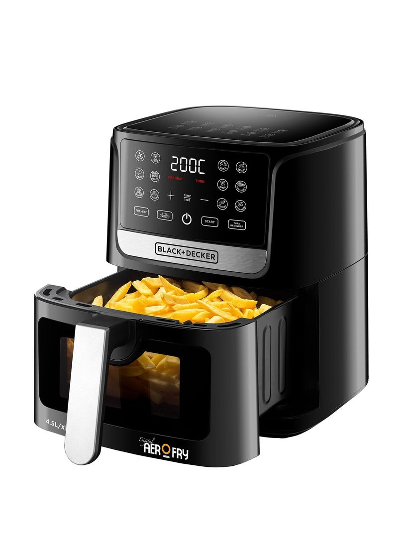 بلاك اند ديكر مقلاة هوائية، سعة 4.5 لتر مع لوحة لمس LED، 12 برنامجًا محددًا مسبقًا، درجة حرارة قابلة للتعديل 80-200 درجة مئوية، مؤقت، تسخين مسبق، إعادة تسخين، الحفاظ على الدفء، تجفيف، إيقاف التشغيل التلقائي، آمنة للغسل في غسالة الأطباق. 4.5 L 1500 W AF4500-B5 - Image 2