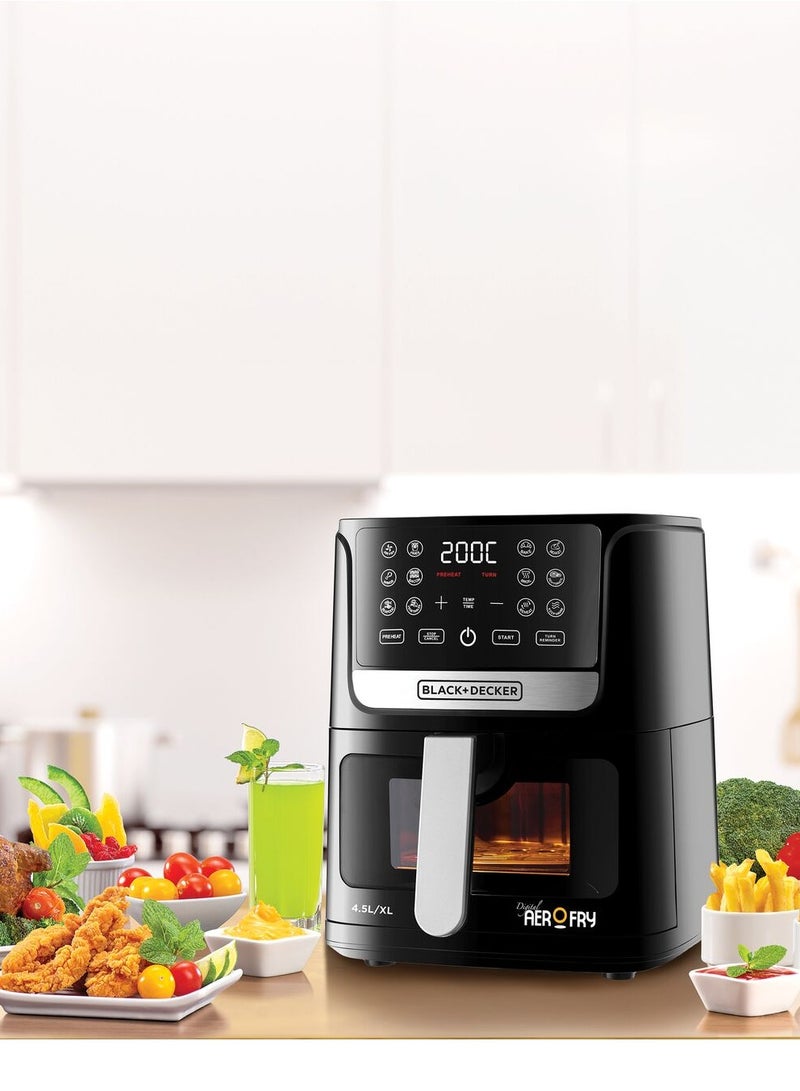 بلاك اند ديكر مقلاة هوائية، سعة 4.5 لتر مع لوحة لمس LED، 12 برنامجًا محددًا مسبقًا، درجة حرارة قابلة للتعديل 80-200 درجة مئوية، مؤقت، تسخين مسبق، إعادة تسخين، الحفاظ على الدفء، تجفيف، إيقاف التشغيل التلقائي، آمنة للغسل في غسالة الأطباق. 4.5 L 1500 W AF4500-B5 - Image 4