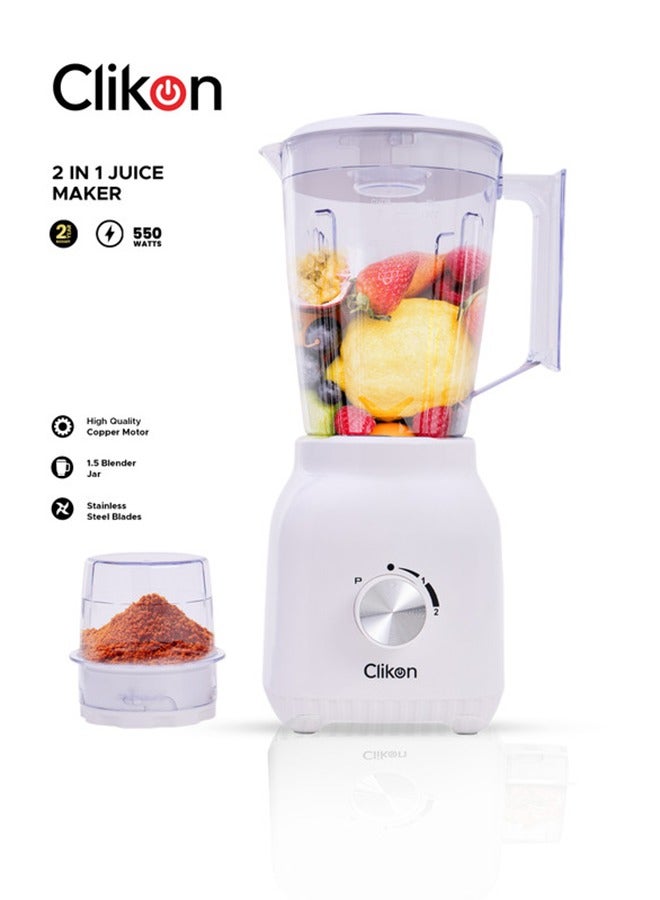 Clikon - 2-In-1 Juicer Blender Chopper Set With Wet And Dry Grinder Jar 1.5L 1.5 L 550 W CK2690 White - Image 1