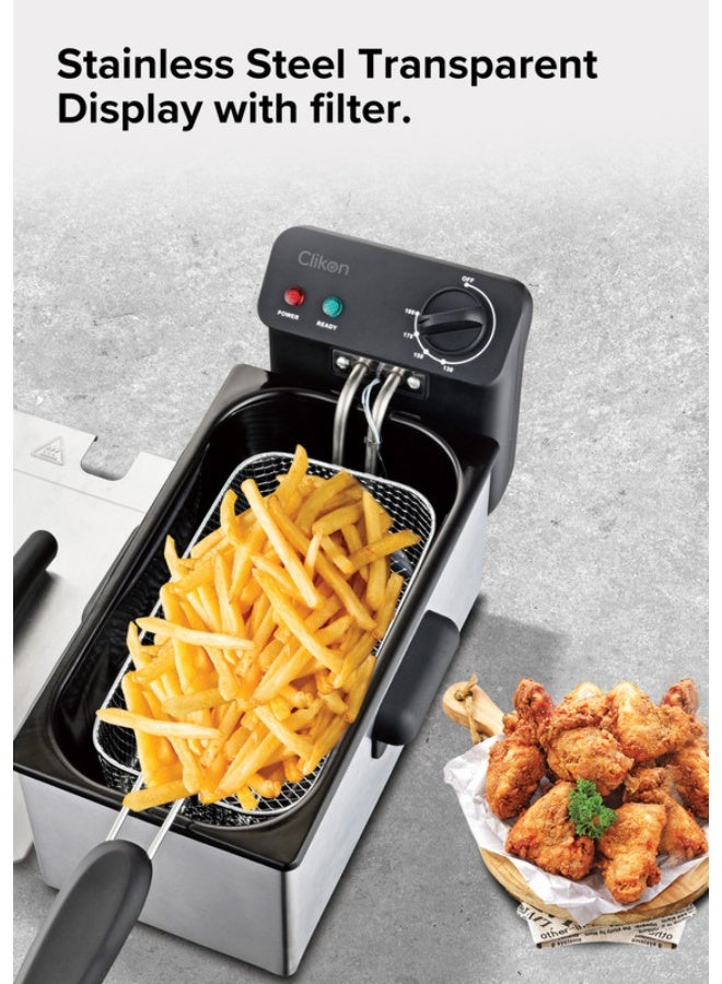 كليكون Deep Fryer with Adjustable Thermostat/Frying Basket With Handle/Removable Enamel Inner Pot /Brushed Stainless Steel Housing/Ideal For French Fries, Chicken Wings, Onion Rings, Tempura, Donuts, Fish, Chips, Snacks 3 L 2000 W CK358 Silver - Image 3