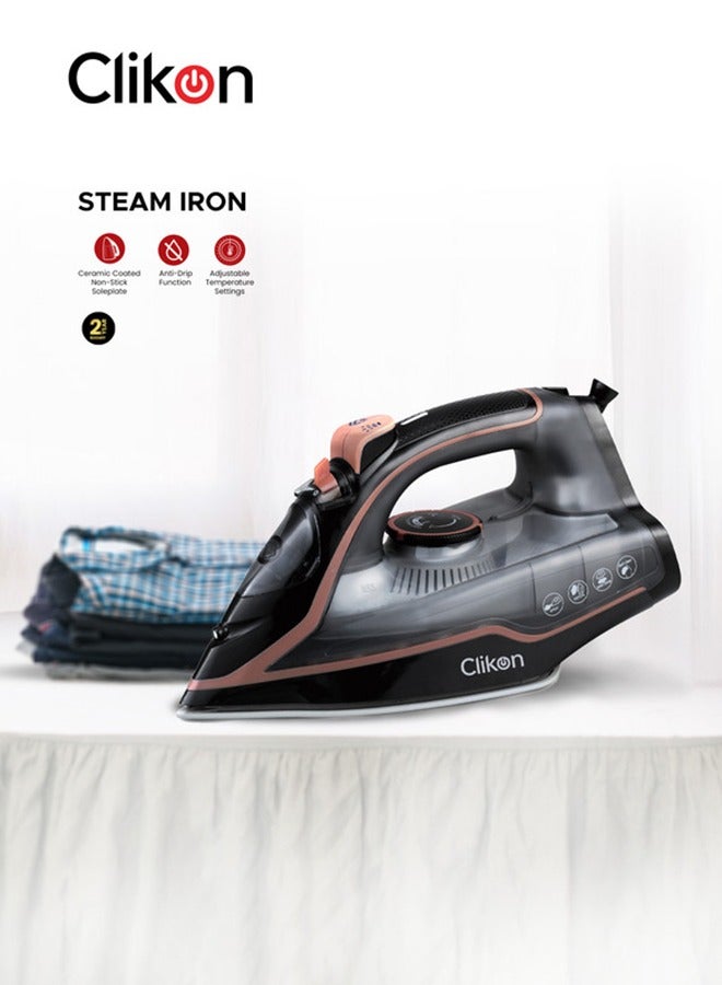 Clikon Ceramic Soleplate Steam Iron 2400W – Fast Heating & Smooth Glide for Perfectly Pressed Clothes 2400 W CK4125 Black/Brown  - Image 1