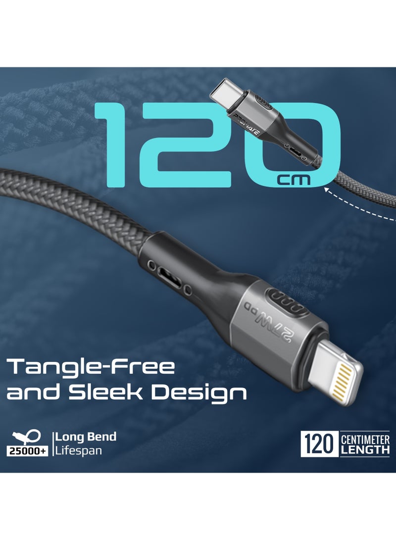 Powerful USB-C toLightning  Cable, 27W Fast Charging and Data Transfer, Super Slim Connector, 120cm with Durable Materials, Sleek and Tangle-Free Design Black
