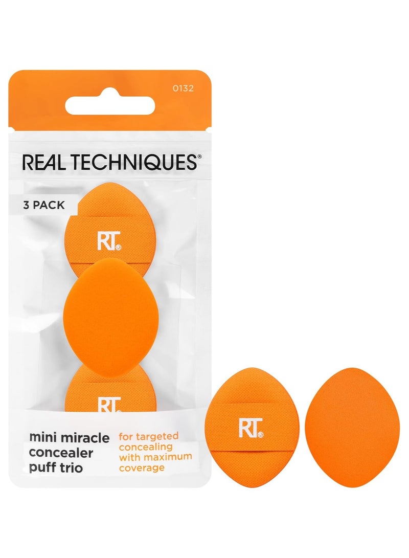 REAL TECHNIQUES Mini Miracle Concealer Puff Trio, Small Makeup Puff For Liquid And Cream Foundation & Concealer, Targeted Concealing, Travel Friendly & Reusable, Vegan & Cruelty Free 3 Puff Orange - Image 1