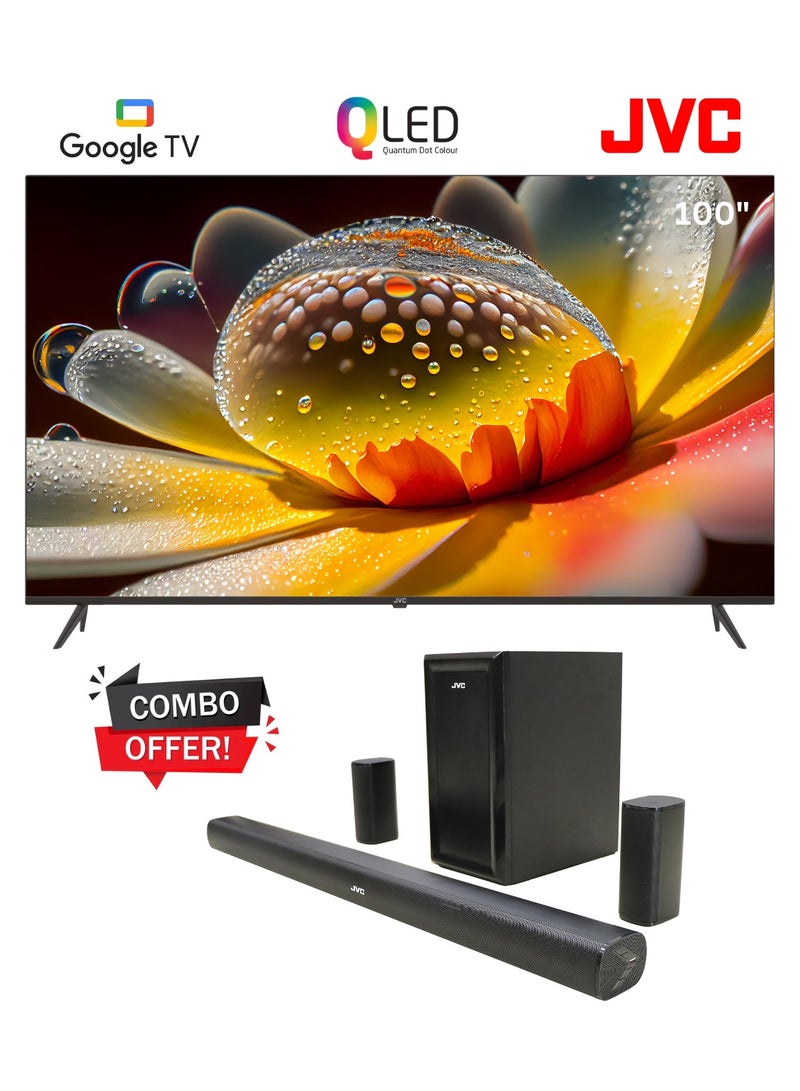 JVC - 100 Inch Edgeless QLED 4K UHD Official Google TV With 5.1 CH Soundbar With Wireless Subwoofer Home Theater LT-100NQ7155+TH-N430B Black - Image 1