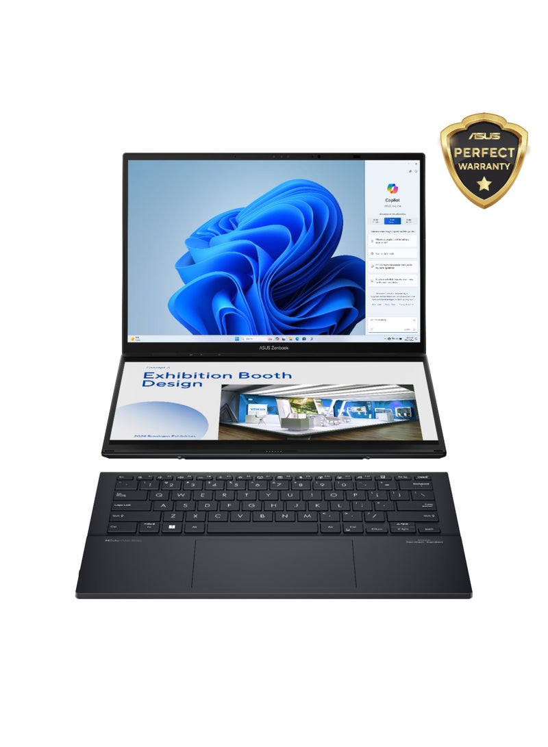 ASUS Zenbook DUO (2024) UX8406MA-PZ073W-Processor : Intel® Core™ Ultra 7 Processor 155H , Intel® AI Boost NPU-Graphics : Intel® Arc™ Graphics , up to 8-Xe Cores-Storage : 1TB M.2 NVMe™ PCIe® 4.0 SSD-Memory : 16GB LPDDR5X, 7467Mhz on board memory-win11 English/Arabic black