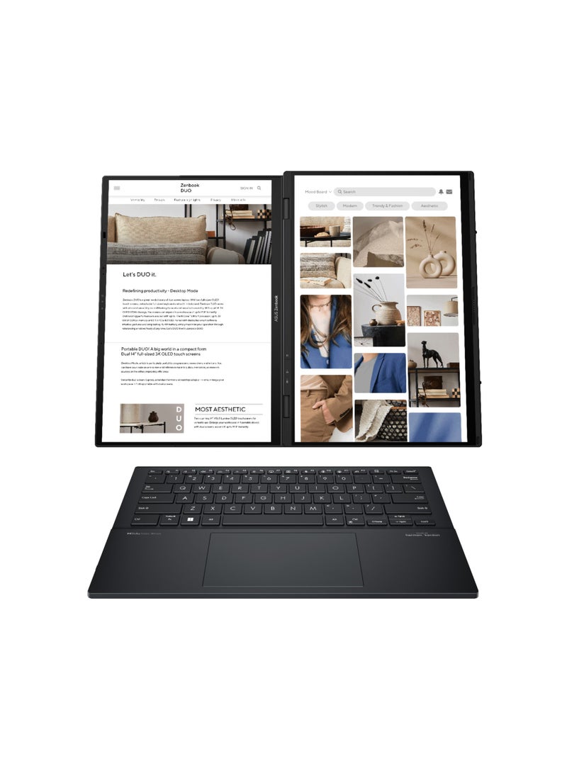 ASUS Zenbook DUO (2024) UX8406MA-PZ073W-Processor : Intel® Core™ Ultra 7 Processor 155H , Intel® AI Boost NPU-Graphics : Intel® Arc™ Graphics , up to 8-Xe Cores-Storage : 1TB M.2 NVMe™ PCIe® 4.0 SSD-Memory : 16GB LPDDR5X, 7467Mhz on board memory-win11 English/Arabic black