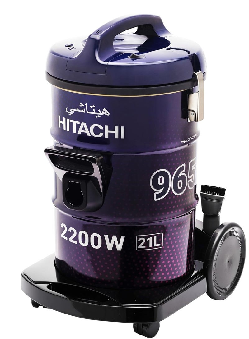 هيتاشي Hitachi Drum Vacuum Cleaner, 490 Watts Suction Power, 50/60 Hz, 4 Protection Filters, 7.8m Cable Length, Metal Tube, Aero Power Brush, Crevice Tool, Dust Brush, 21 L 2200 W CV-965NBLGSA Purple/Black  - Image 1