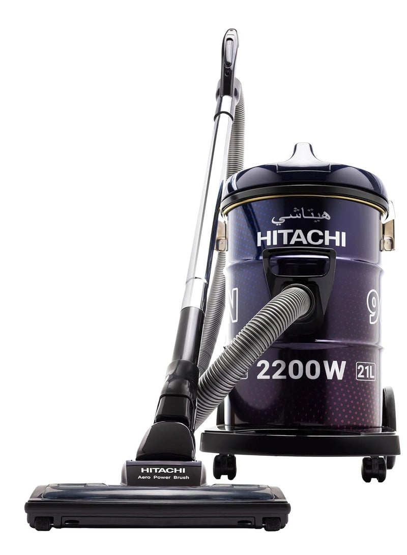 هيتاشي Hitachi Drum Vacuum Cleaner, 490 Watts Suction Power, 50/60 Hz, 4 Protection Filters, 7.8m Cable Length, Metal Tube, Aero Power Brush, Crevice Tool, Dust Brush, 21 L 2200 W CV-965NBLGSA Purple/Black  - Image 2