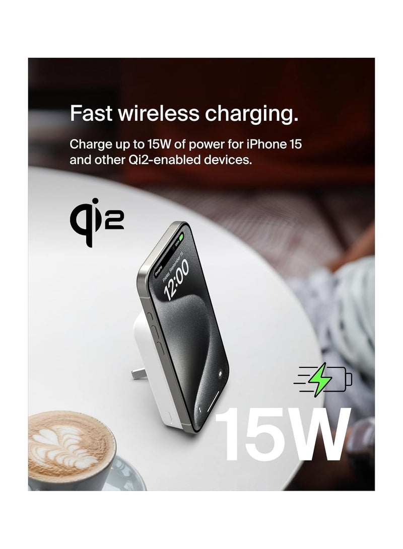 belkin - 10000 mAh BoostCharge Pro Wireless Power Bank 10000mAh with Qi2, MagSafe Compatible Portable Charger + Built-in Pop-up Kickstand - For iPhone 16, 16 Plus, 16 Pro, 16 Pro Max, iPhone 15, and More - White - Image 1