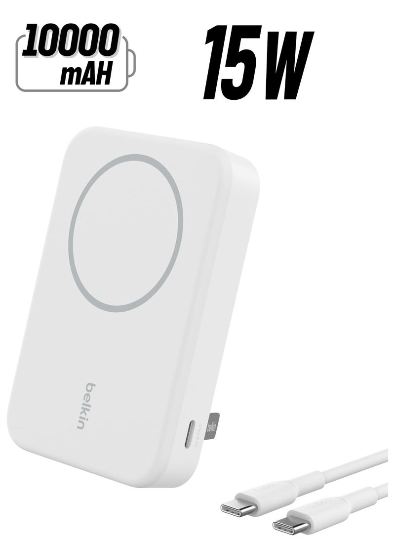 belkin - 10000 mAh BoostCharge Pro Wireless Power Bank 10000mAh with Qi2, MagSafe Compatible Portable Charger + Built-in Pop-up Kickstand - For iPhone 16, 16 Plus, 16 Pro, 16 Pro Max, iPhone 15, and More - White - Image 1