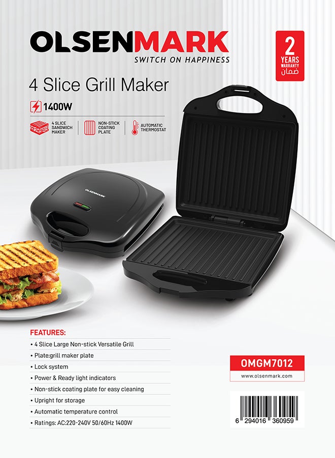 4-Slice Grill Maker, Non-Stick Plates for Easy Release and Quick Cleanup, Adjustable Temperature with Power Indicator, Perfect for Grilled Sandwiches 1400 W OMGM7012 Black