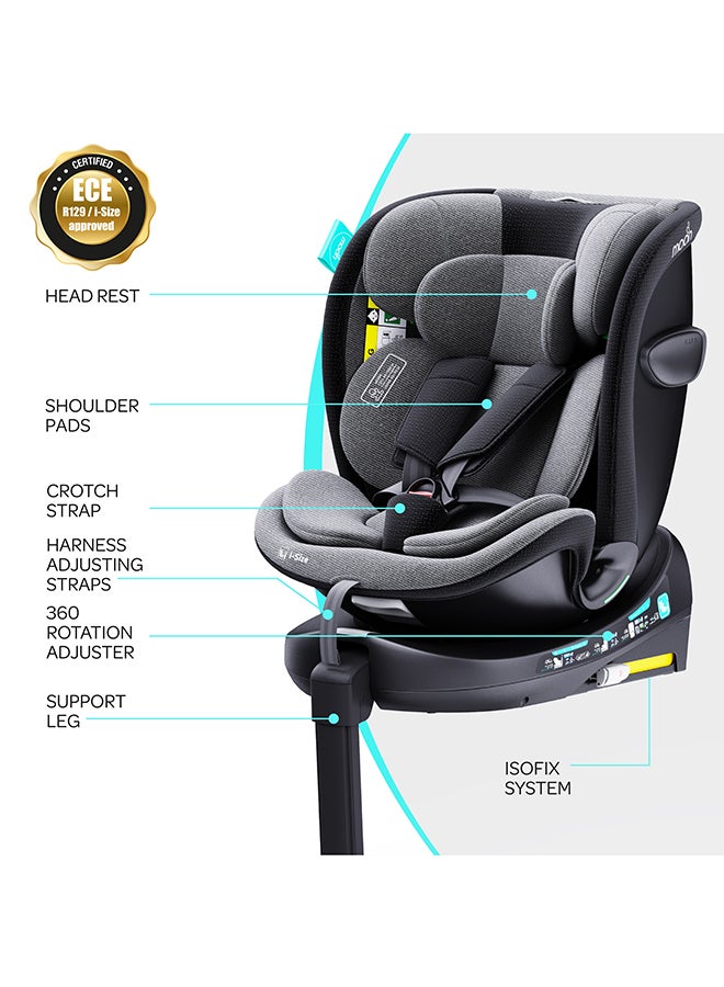 Moon Gyro Pro+ I-Size 360° Rotating Car Seat W/ Leg Support And Isofix For 40-150Cm (Group 0+,1,2,3) 0M To 12Yr - Grey  - Image 2