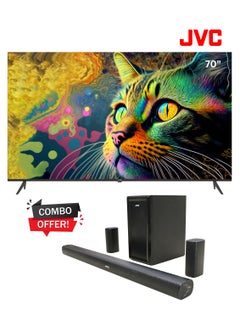 JVC 70 Inch Edgeless 4K UHD Android 14 Smart TV + 5.1 Channel Soundbar With Wireless Subwoofer Combo LT-70N7105+TH-N430B Black  - Image 1