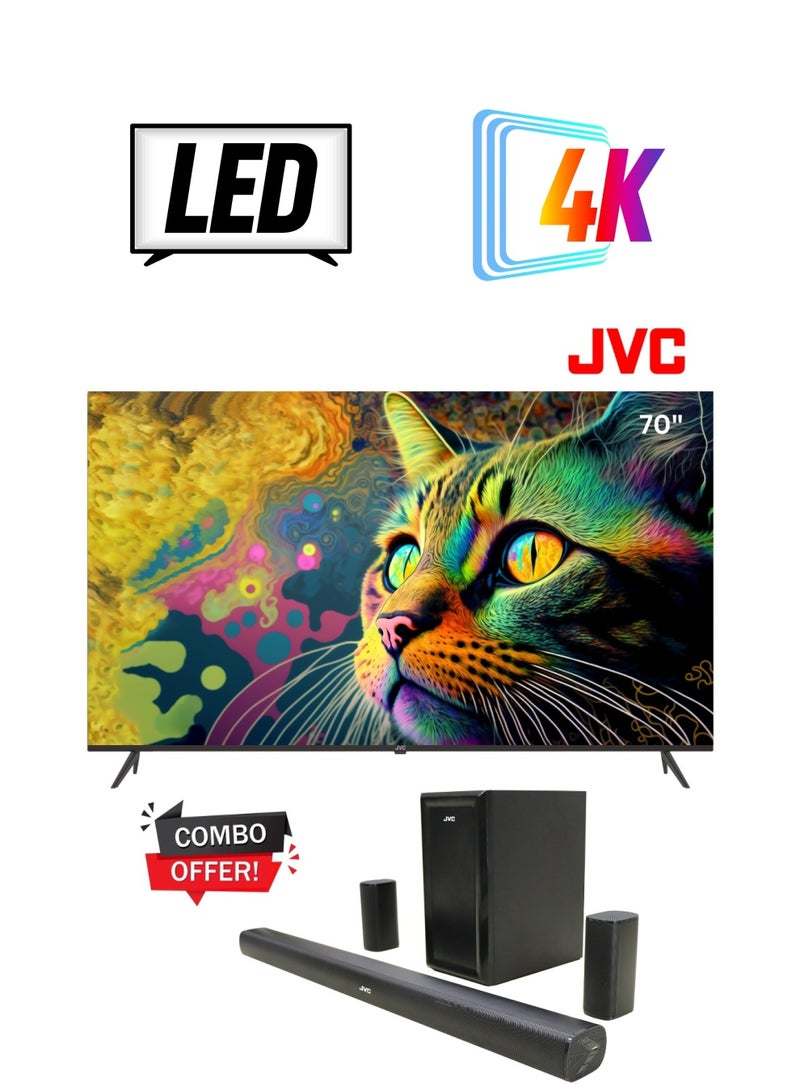 جي في سي 70 Inch Edgeless 4K UHD Android 14 Smart TV + 5.1 Channel Soundbar With Wireless Subwoofer Combo LT-70N7105+TH-N430B Black  - Image 1
