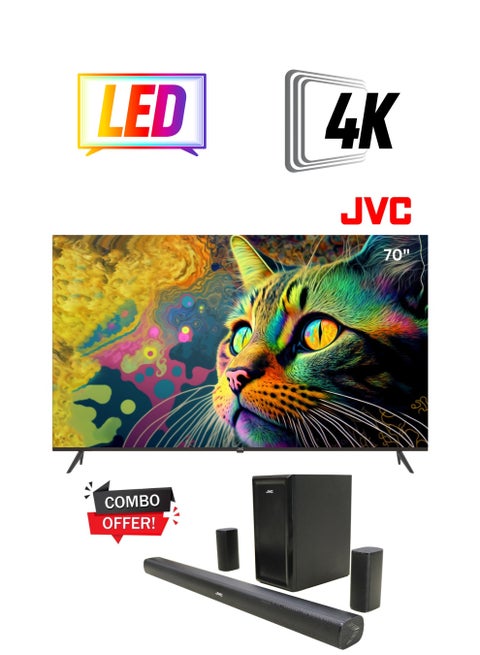 70 Inch Edgeless 4K UHD Android 14 Smart TV + 5.1 Channel Soundbar With Wireless Subwoofer Combo LT-70N7105+TH-N430B Black