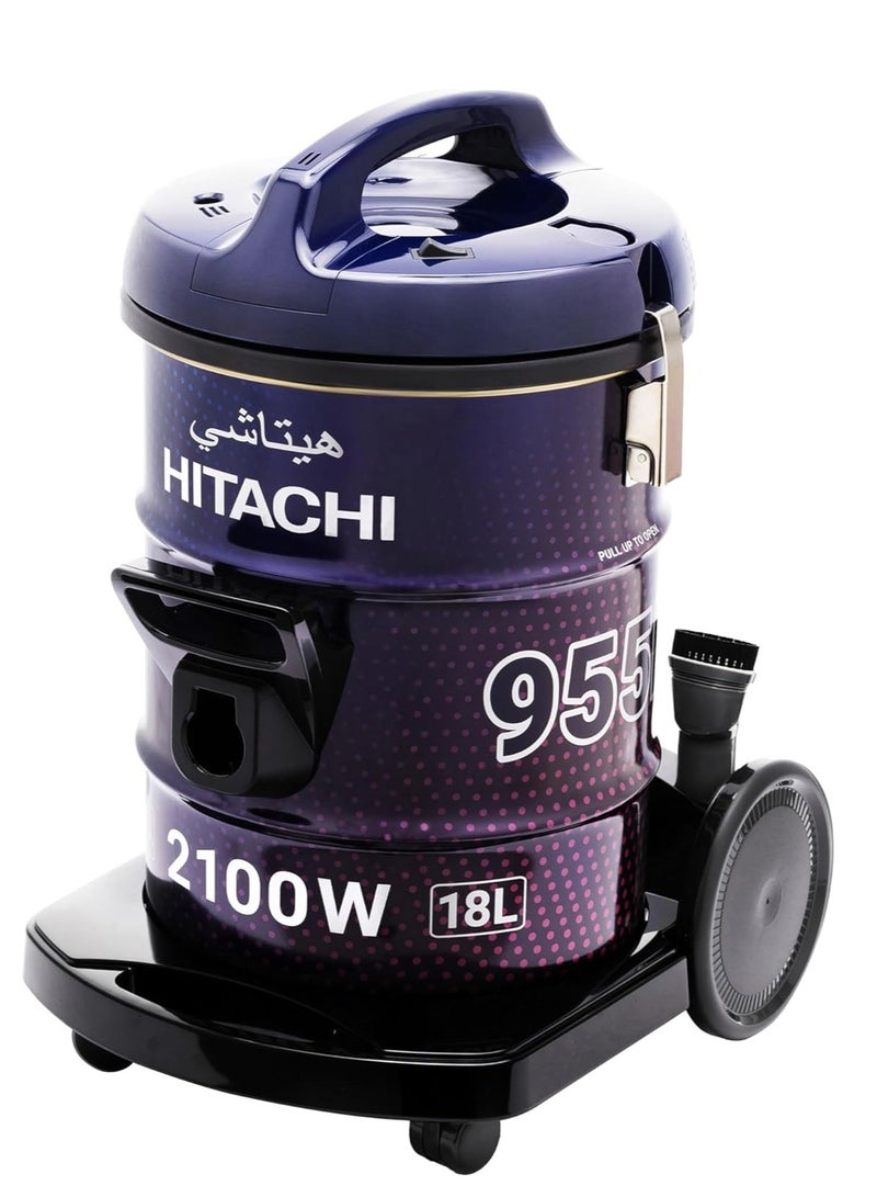 هيتاشي Hitachi Drum Vacuum Cleaner, Aero Power Brush to Clean Efficiently, Metal Pipe, Dusting Brush & Crevice Nozzle, Washable Filter, Best for Home & Office, 18 L 2100 W CV955NBLGSA Purple/Black  - Image 1