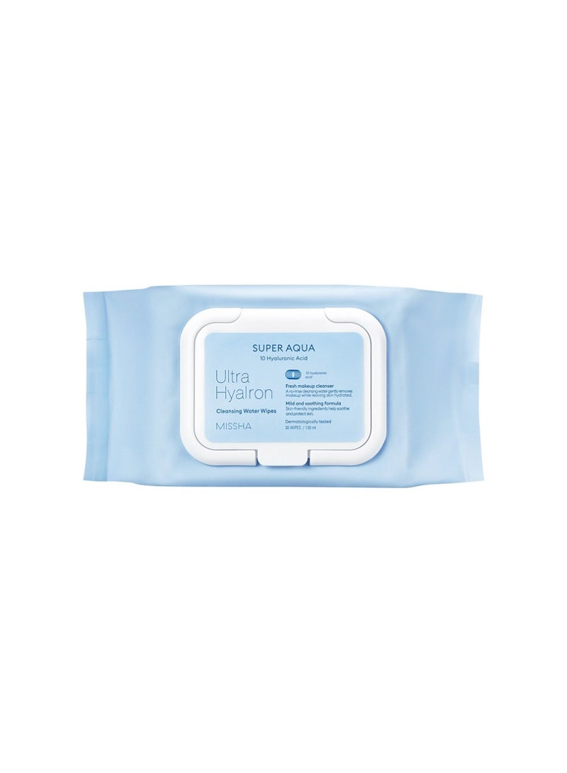 ميشا Korean Super Aqua Ultra Hyalron Cleansing Water Wipes , Easily Erase Makeup And Moisturizing Skin, Allergen Free, 30 Wipes  - Image 1