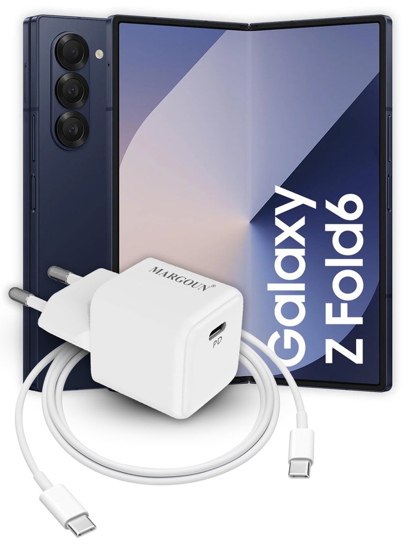 MARGOUN 25W PD Fast Charger Adapter Type C 2Pins with 1m Cable Type C for Samsung Galaxy Z fold 6 and Galaxy Z fold 5 White  - Image 1