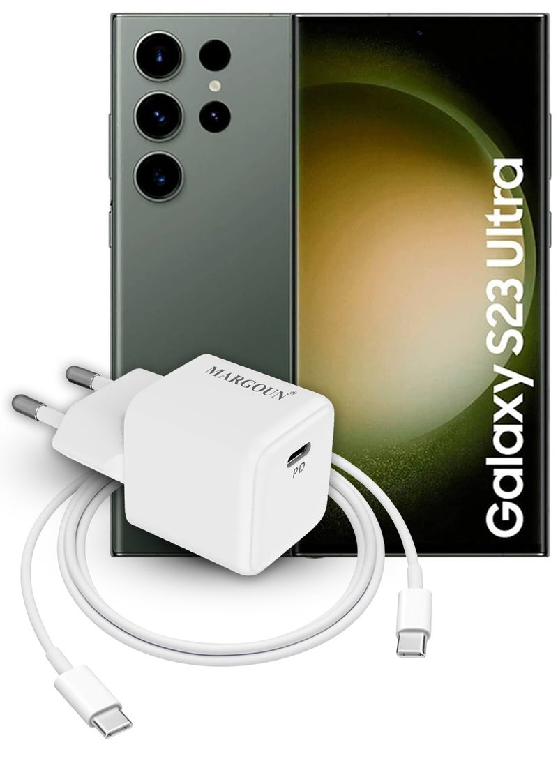 MARGOUN 25W PD Fast Charger Adapter Type C 2Pins with 1m Cable Type C for Samsung Galaxy S23 Ultra and S24 Ultra White  - Image 1