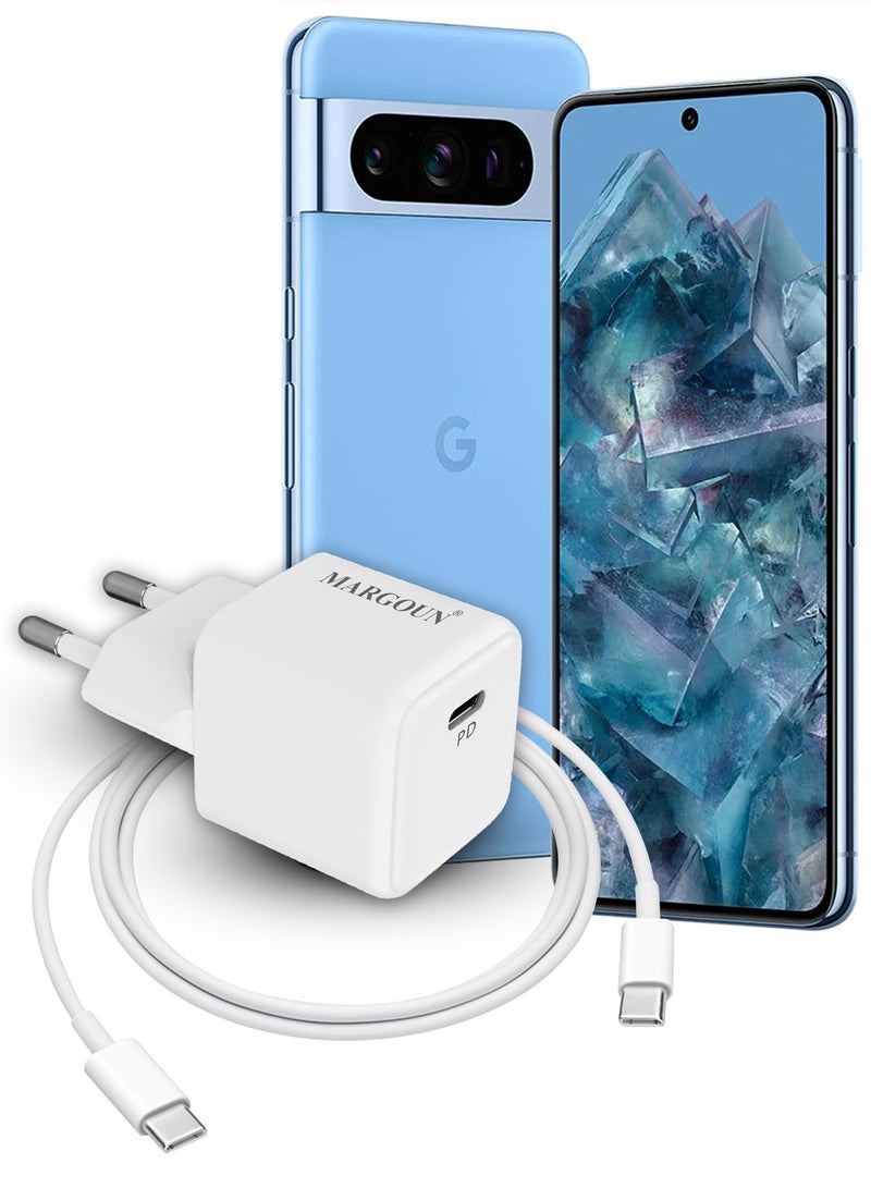MARGOUN 25W PD Fast Charger Adapter Type C 2Pins with 1m Cable Type C for Google Pixel 8 Pro, 9 Pro, 9 XL and 9 Pro Fold White  - Image 1