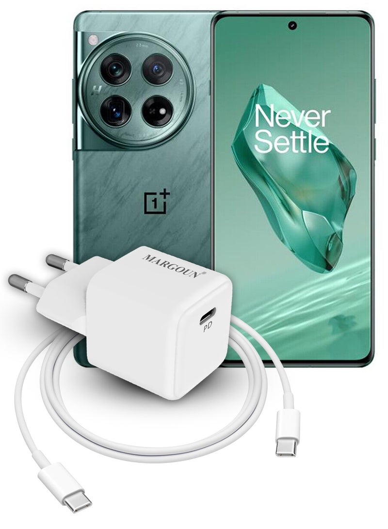 MARGOUN 25W Fast Adapter Type C 3Pins with 1m Cable Type C for Oneplus 11 and Oneplus 12 White  - Image 1